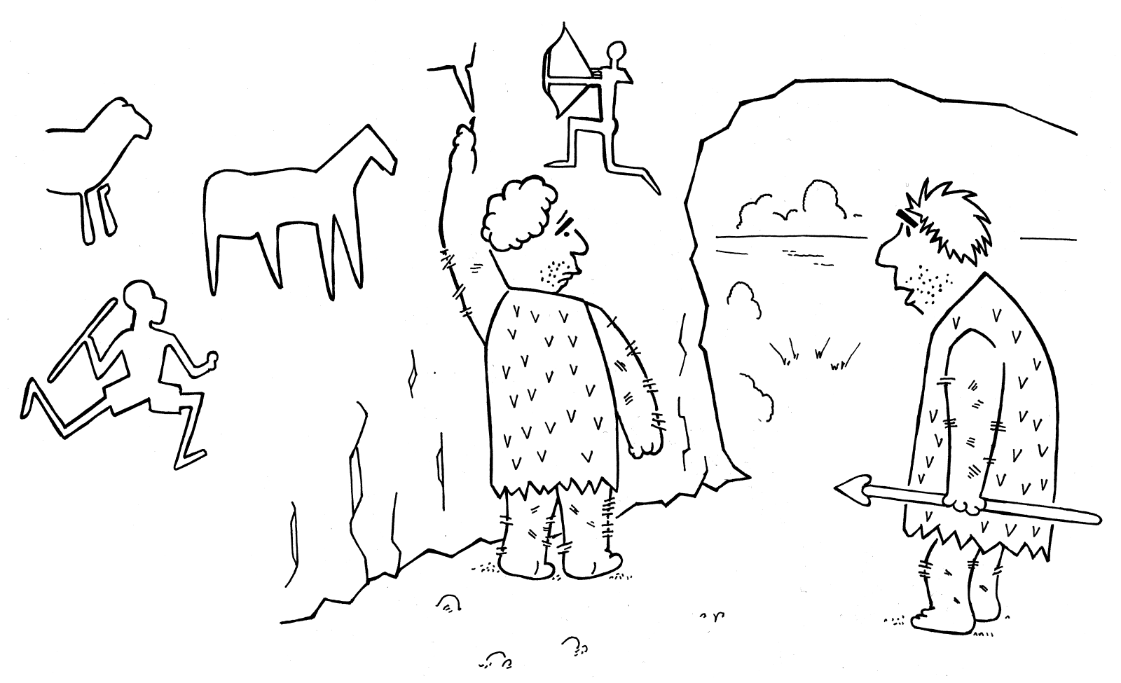 cartoon about cavemen one caveman drawing on a cave wall and the other saying the customer wants it on the other wall