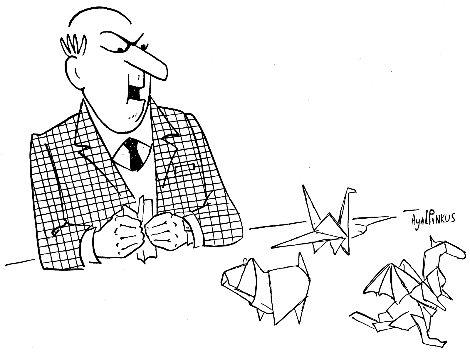 cartoon about the paper work you need to do to do business with japan the joke being that the suit is having to fold origami