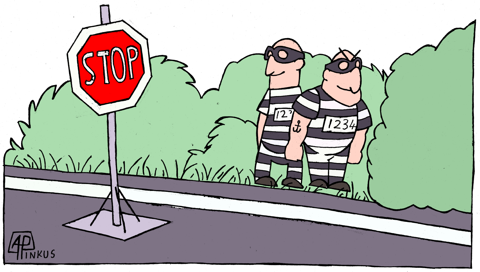 cartoon showing crooks finding a novel way to stop a car so they can rob the car-with a stop sign