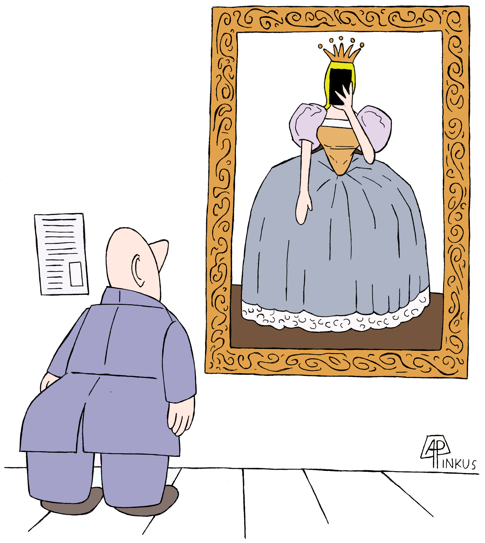 cartoon showing a queen in a painted portrait-the joke being that she is taking a selfie