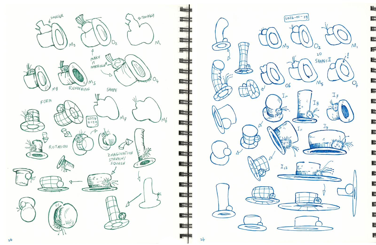 sketchbook pages filled with hat studies